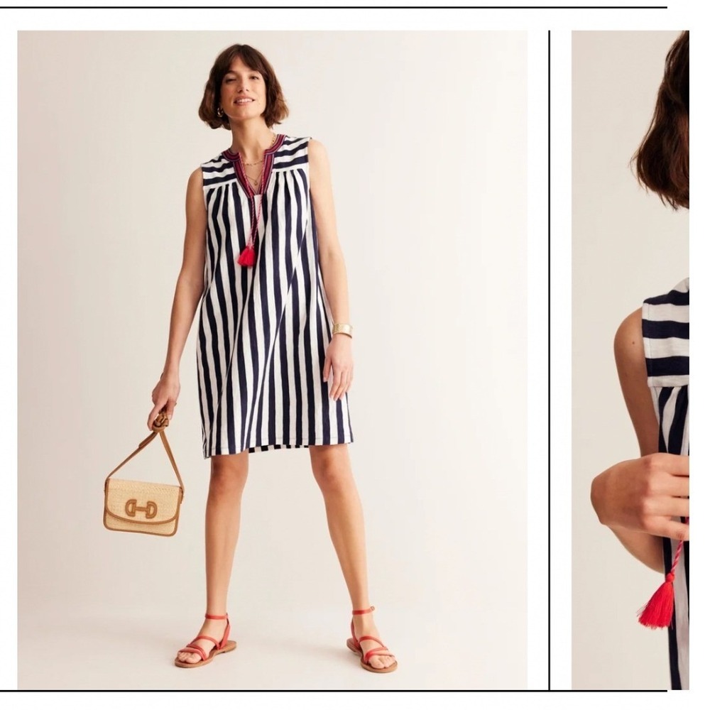 Boden Navy White Striped Cotton Tassel Shift Dress D1005 Plus Size US 20-22R